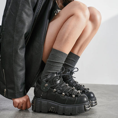 Women's Punk Platform Boots – Lace-Up Metal Decor 6cm Heel