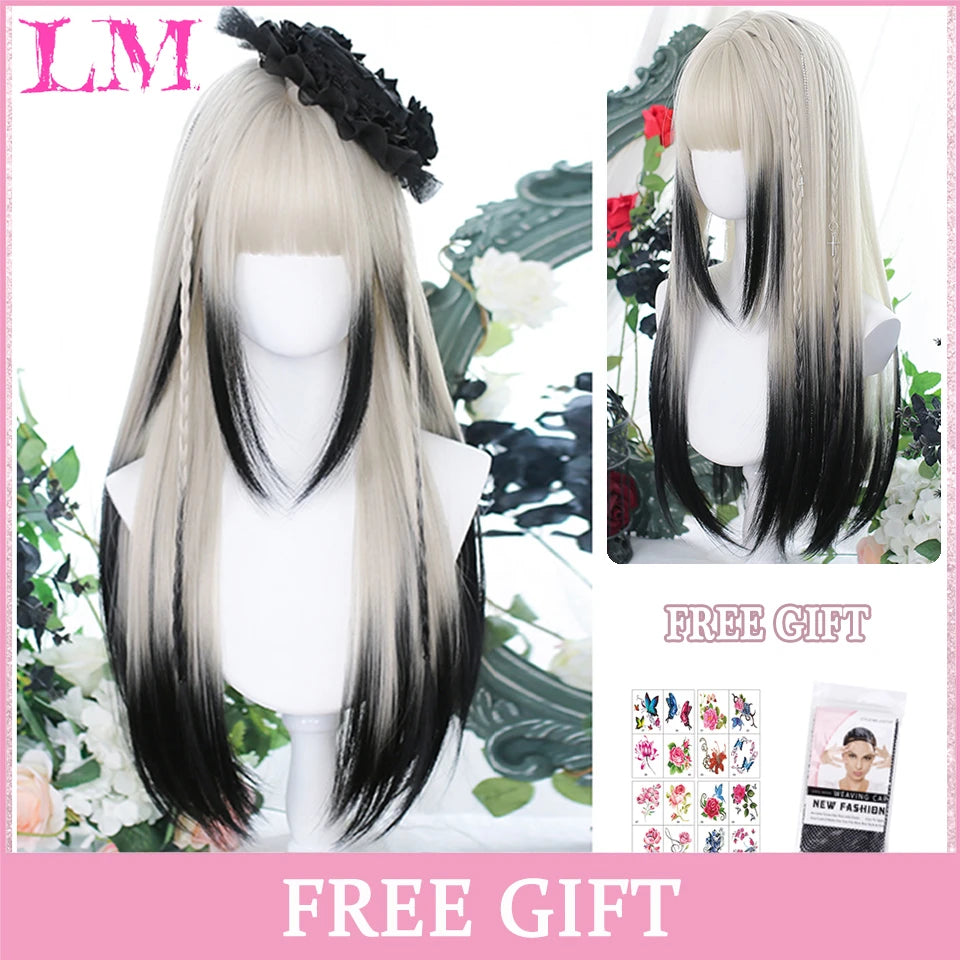 Lm Cosplay Wig Bangs Synthetic Straight Hair 24 Inch Long Heat-Resistant Pink Women