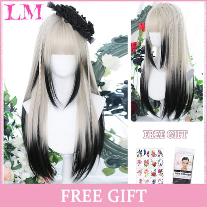 Lm Cosplay Wig Bangs Synthetic Straight Hair 24 Inch Long Heat-Resistant Pink Women