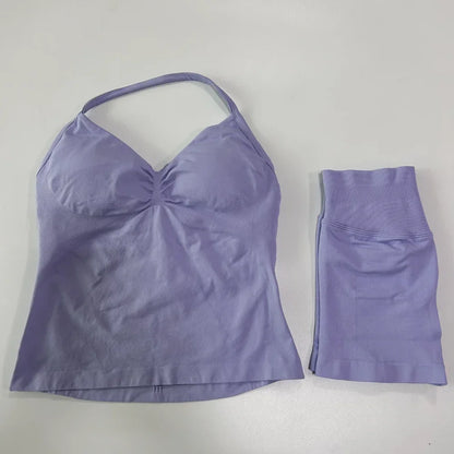 Women's 2-Piece Seamless Workout Set – Backless Tank Top & Scrunch Shorts