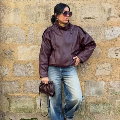 Oversized Faux Leather Bomber Jacket for Women