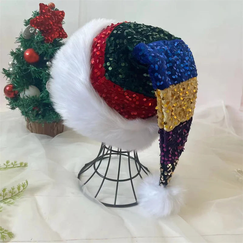Rainbow Christmas Santa Hat – Long Plush Festive Holiday Cap