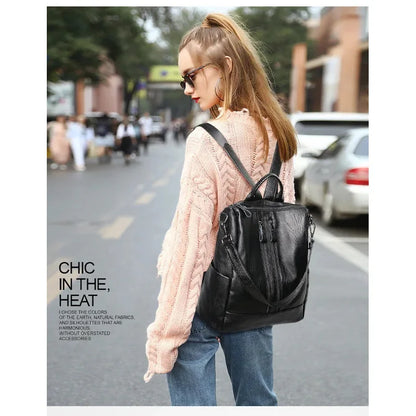 Women Leather Backpack – Black Convertible Shoulder Bag