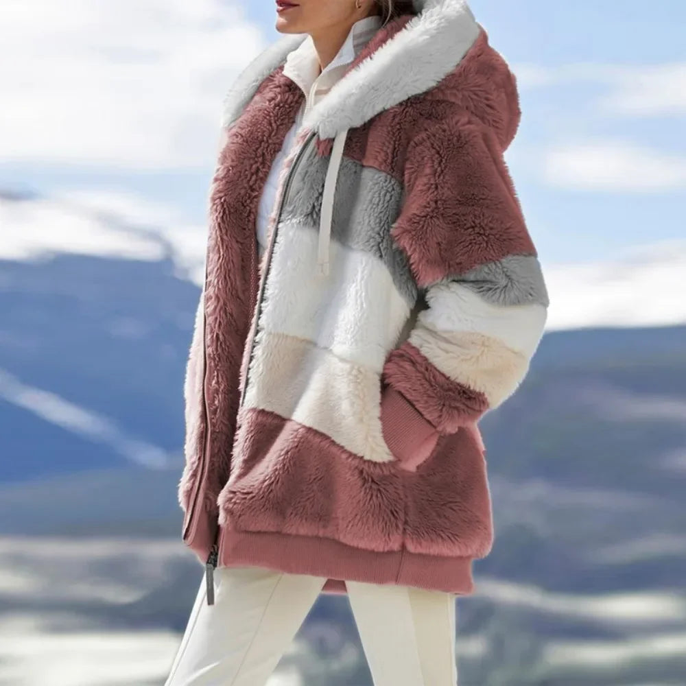 Women's Plaid Fleece Hooded Coat – Thick Zip-Up Winter Jacket