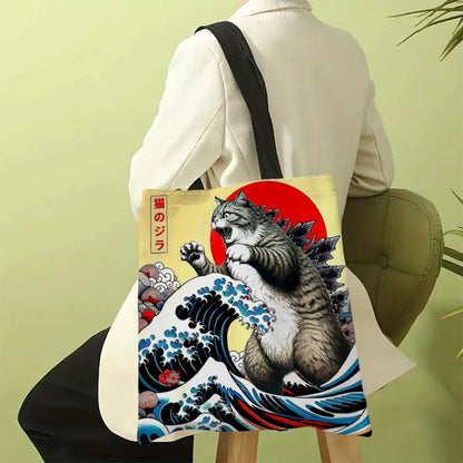 Catzilla Japanese Art Tote Bag – Reusable Canvas Shoulder Bag