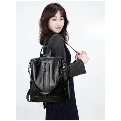 Women Leather Backpack – Black Convertible Shoulder Bag