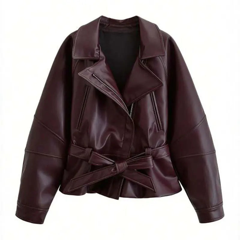 Women's Faux Leather Jacket with Belt – Short Moto Coat
