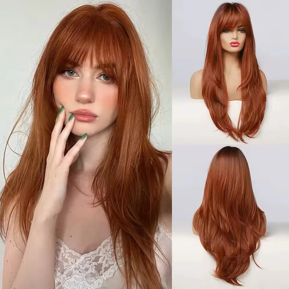 Gemma Ombre Brown Blonde Long Straight Synthetic Wigs Bangs Cosplay Wig Women Temperature Natural
