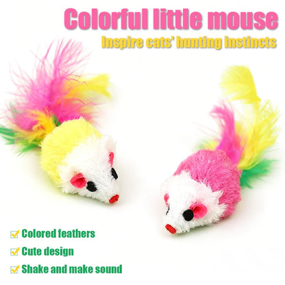Plush Mouse Cat Toys with Colorful Feather Tails – Squeaky Mice for Indoor Cats