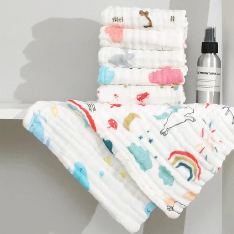 Kids Cotton Washcloths – 6-Layer Printed Square Towels 25cm, 5pcs