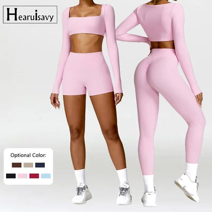 Women's 2-Piece Yoga Set – Long Sleeve Crop Top & Shorts