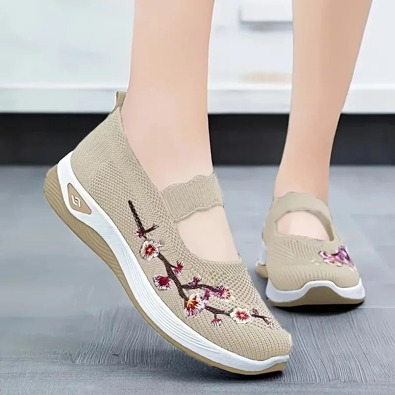 Women's Embroidered Slip-On Sneakers – Breathable Chunky Sole Casual Shoes