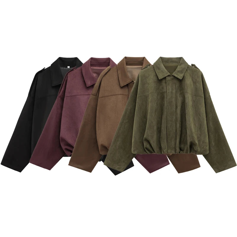 Women's Cropped Suede Bomber Jacket – Lapel Zip Racing Coat