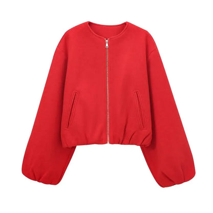 Women's Loose Cropped Bomber Jacket – Zip-Up Long Sleeve Coat