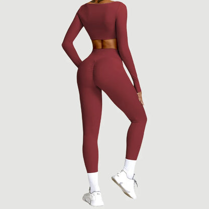 Women's 2-Piece Yoga Set – Long Sleeve Crop Top & Shorts