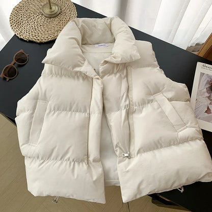 Women's Puffer Vest – Sleeveless Stand Collar Down Coat with Belt