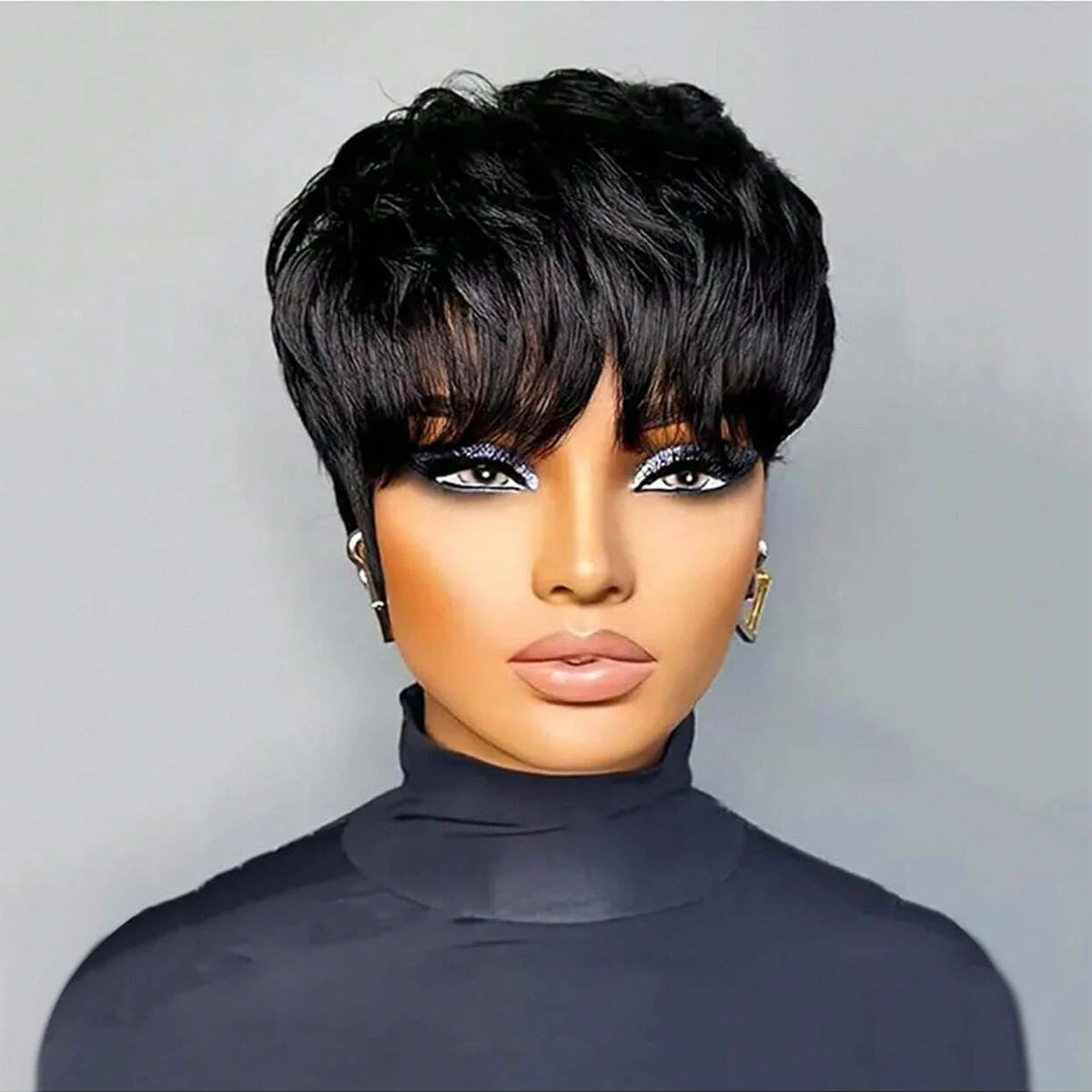 Pixie Cut Bob Wig with Bangs – Natural Black Short Straight Wig for Women