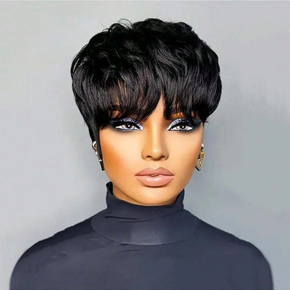Pixie Cut Bob Wig with Bangs – Natural Black Short Straight Wig for Women