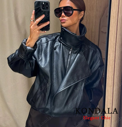 Women's Faux Leather Pilot Jacket – Zip-Up Casual Outwear for Fall & Winter