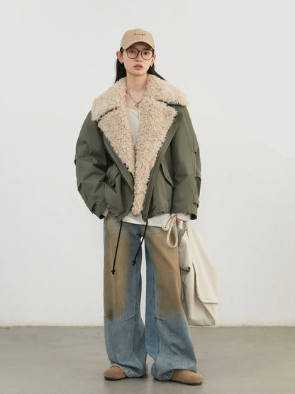 Women's Retro Sherpa-Lined Cotton Motorcycle Jacket – Loose Warm Streetwear Coat