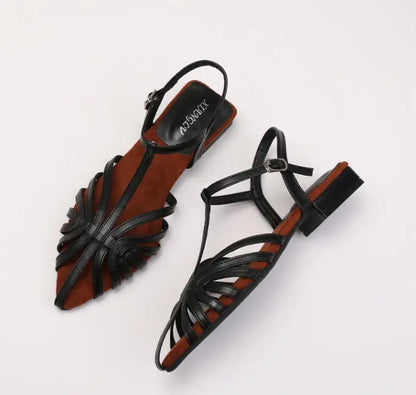 Women's Roman Strappy Sandals – Pointed Toe Low Heel T-Strap