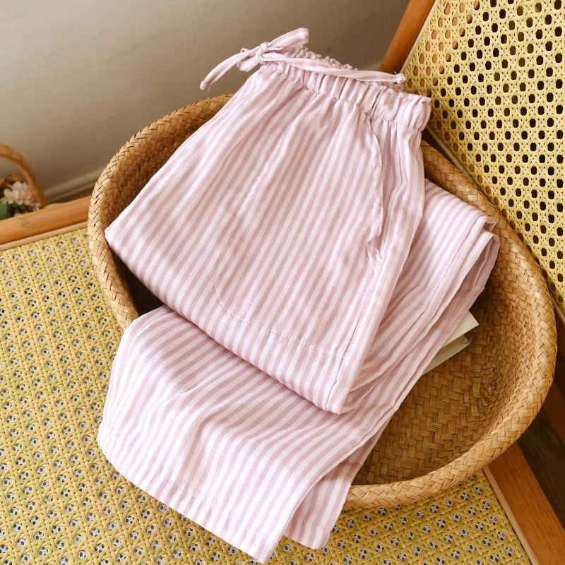 Cotton Gauze Striped Sleep Pants – Loose Lightweight Lounge Trousers