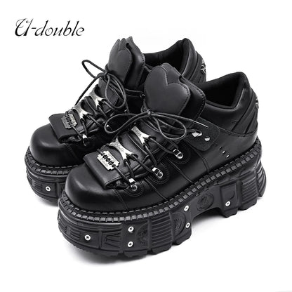 Gothic Platform Boots – Women's Punk Lace-Up Shoes with Metal Decor