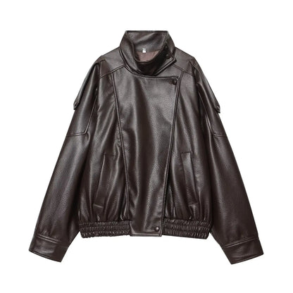 Women's Oversized Faux Leather Jacket – Long Sleeve Button Coat