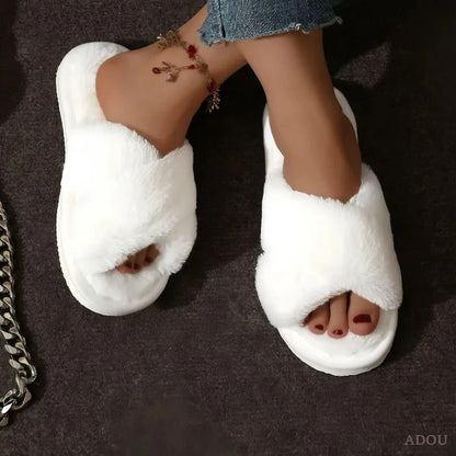 Winter Warm Slipper Women Fur Plush Indoor Lazy Thermal Furry Home House Fuzzy Cross Shoe Flat Flip