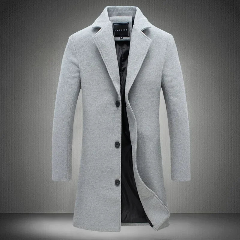 Men's Slim Wool-Blend Long Overcoat – Business Casual Windbreaker