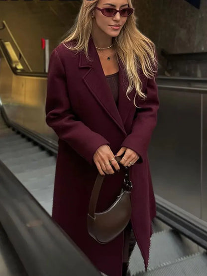Women's Double-Breasted Wool Blend Coat – Long Lapel Jacket