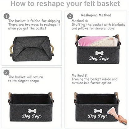 Dog Toy Storage Basket – Felt Pet Toy Box with Wooden Handles