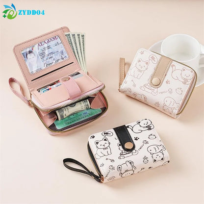 Cute Cat Short Wallet – PU Leather Coin Purse & Card Holder