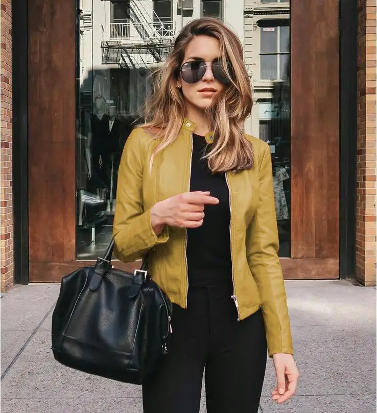 Women's PU Leather Biker Jacket – Slim Fit Short Zip-Up Coat