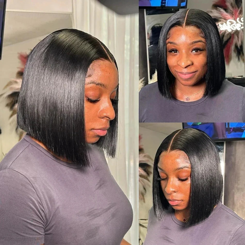 220 Density Bob Wigs Straight Human Hair Lace Front 13x4 Brazilian Remy Pre-Plucked 16 Inch