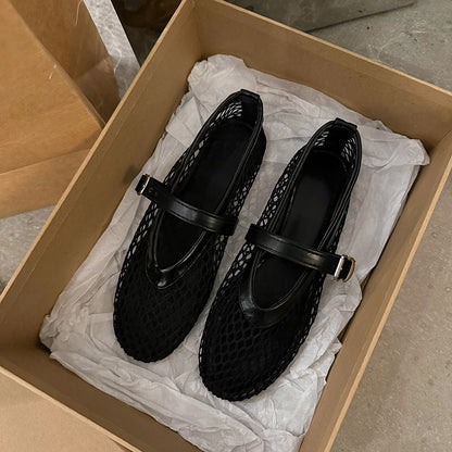 Women's Mesh Mary Jane Flats – Breathable Buckle Strap Shoes