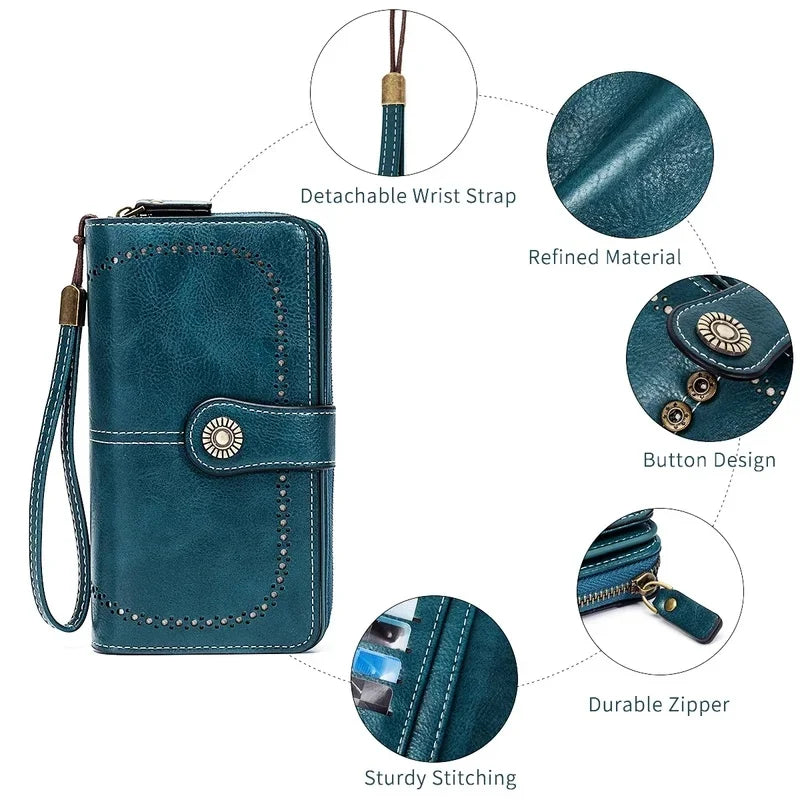 RFID Blocking Leather Long Wallet – Large Capacity Zipper Clutch
