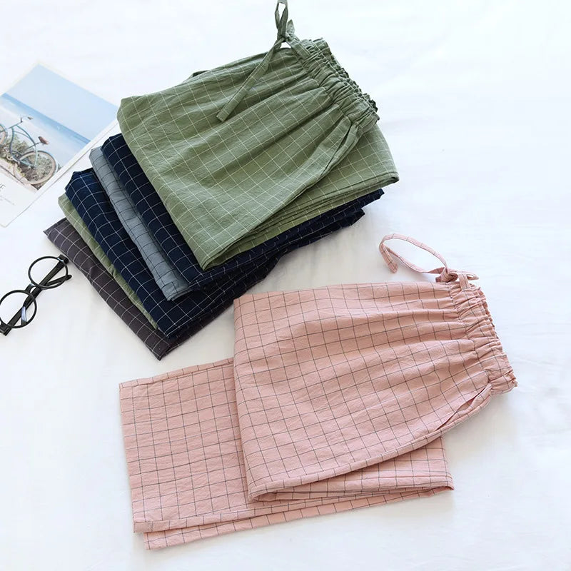 Women's Plaid Cotton Pajama Pants – Elastic Waist Tie Lounge Trousers