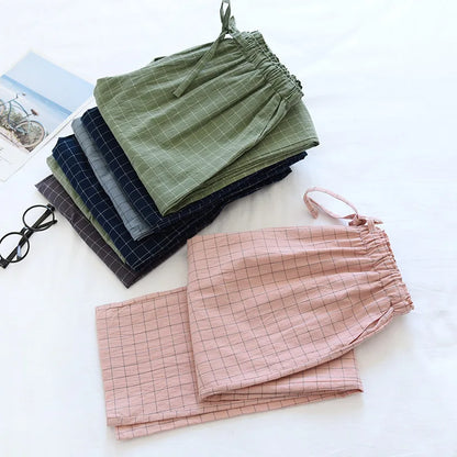 Women's Plaid Cotton Pajama Pants – Elastic Waist Tie Lounge Trousers