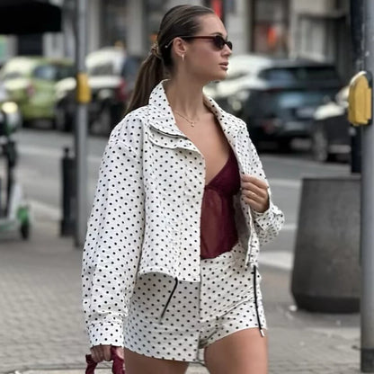 Polka Dot Bomber Jacket & Shorts Set – Women's Oversized Outerwear