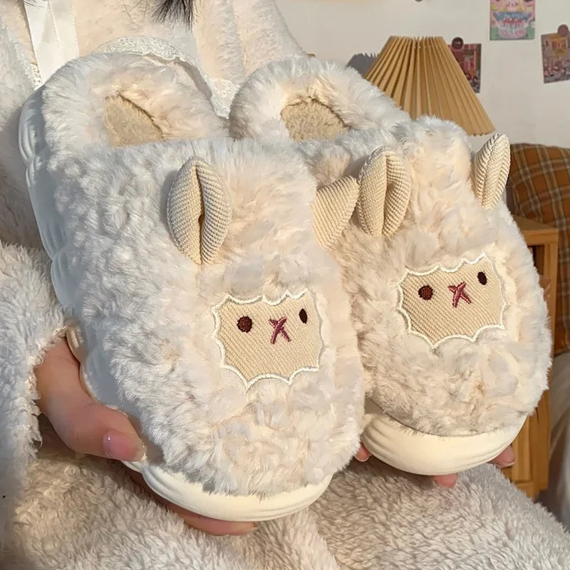 Winter Cartoon Plush Slippers Warm Fluffy Faux Fur Sheep Design Indoor Home Couple Cotton Men Women