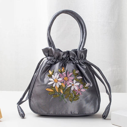 Women's Embroidered Bucket Bag – Floral Top Handle Purse