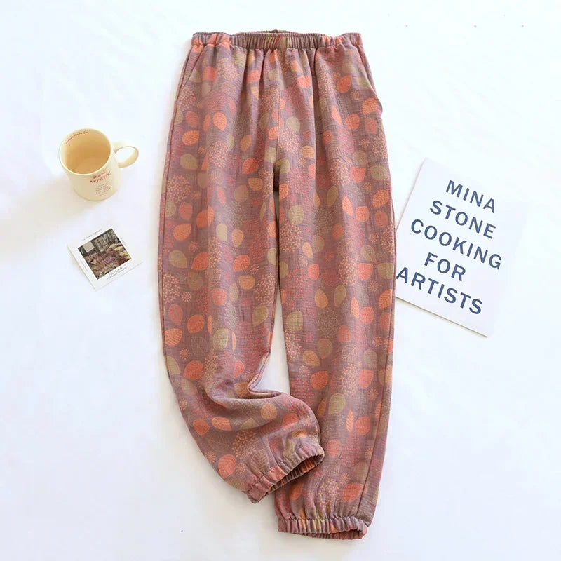 Women's Cotton Crepe Pajama Pants – Loose Floral Print Lounge Bottoms