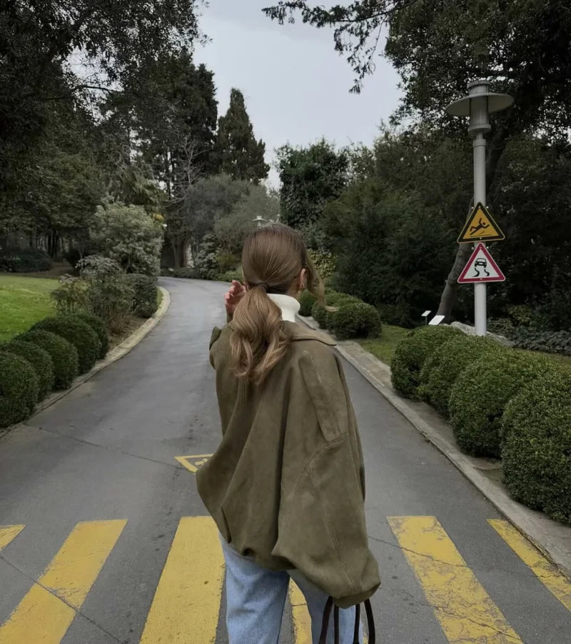 Women's Oversized Suede Texture Bomber Jacket
