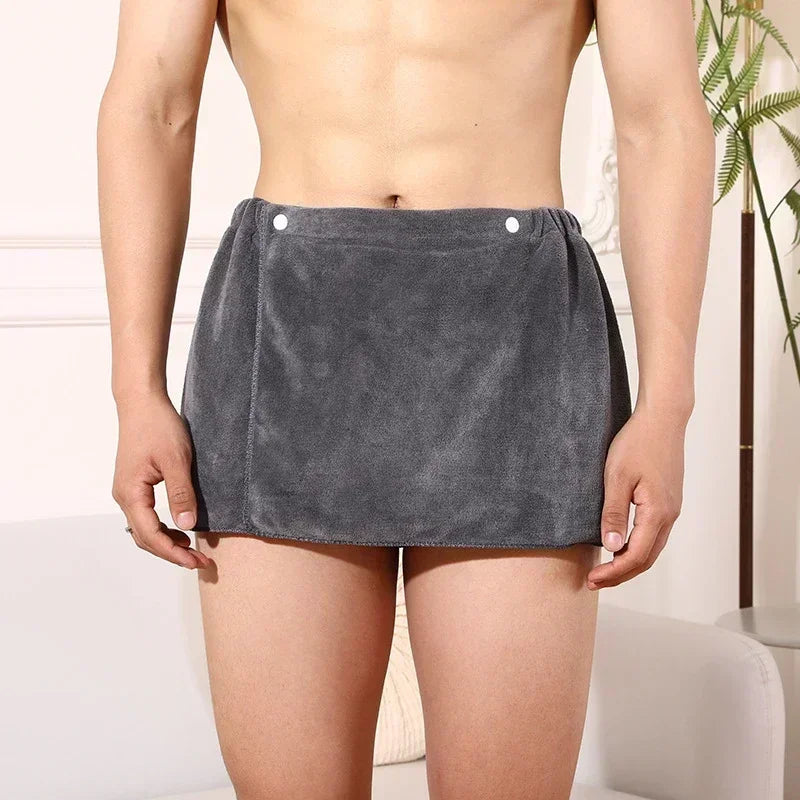 Men's Towel Wrap Bath Skirt with Snap Buttons & Side Split
