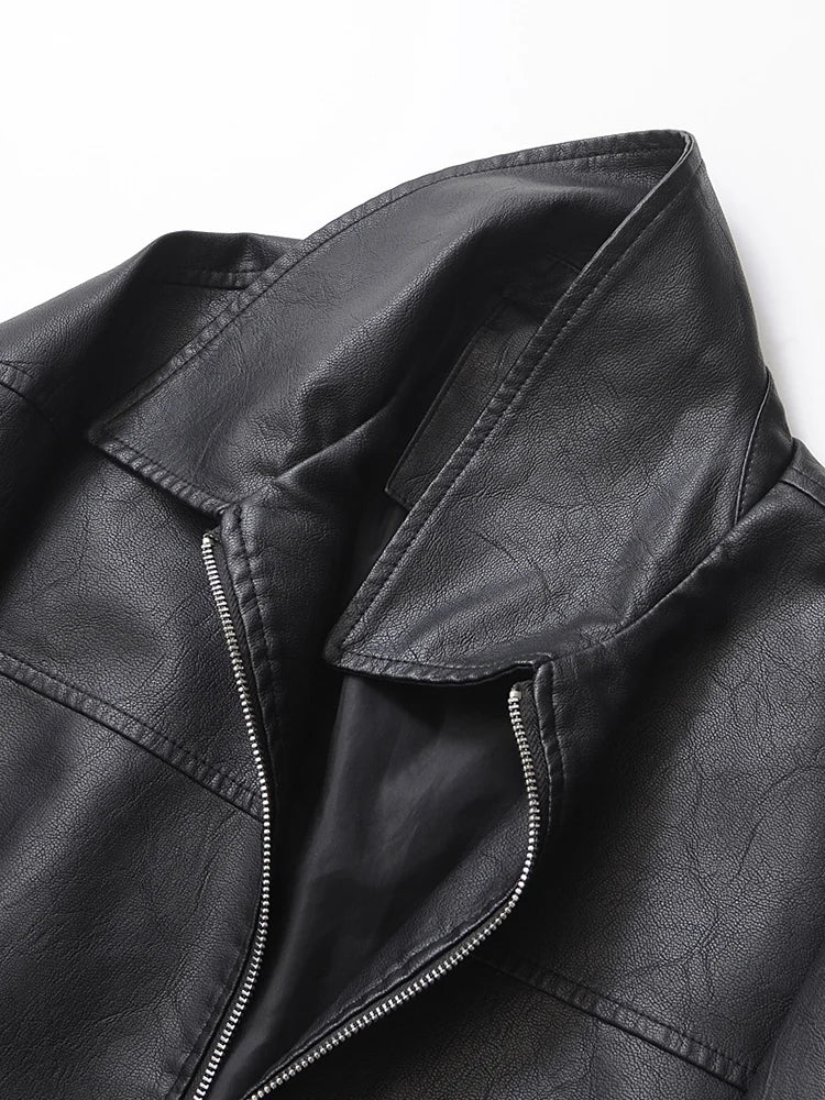 Women's Oversized Faux Leather Zip Jacket – Retro Streetwear Coat