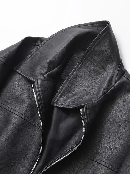 Women's Oversized Faux Leather Zip Jacket – Retro Streetwear Coat