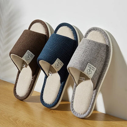 Linen Open-Toe Home Slippers – Breathable Bedroom Shoes for Men & Women
