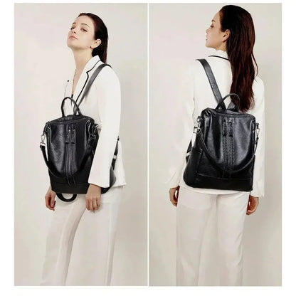 Women Leather Backpack – Black Convertible Shoulder Bag