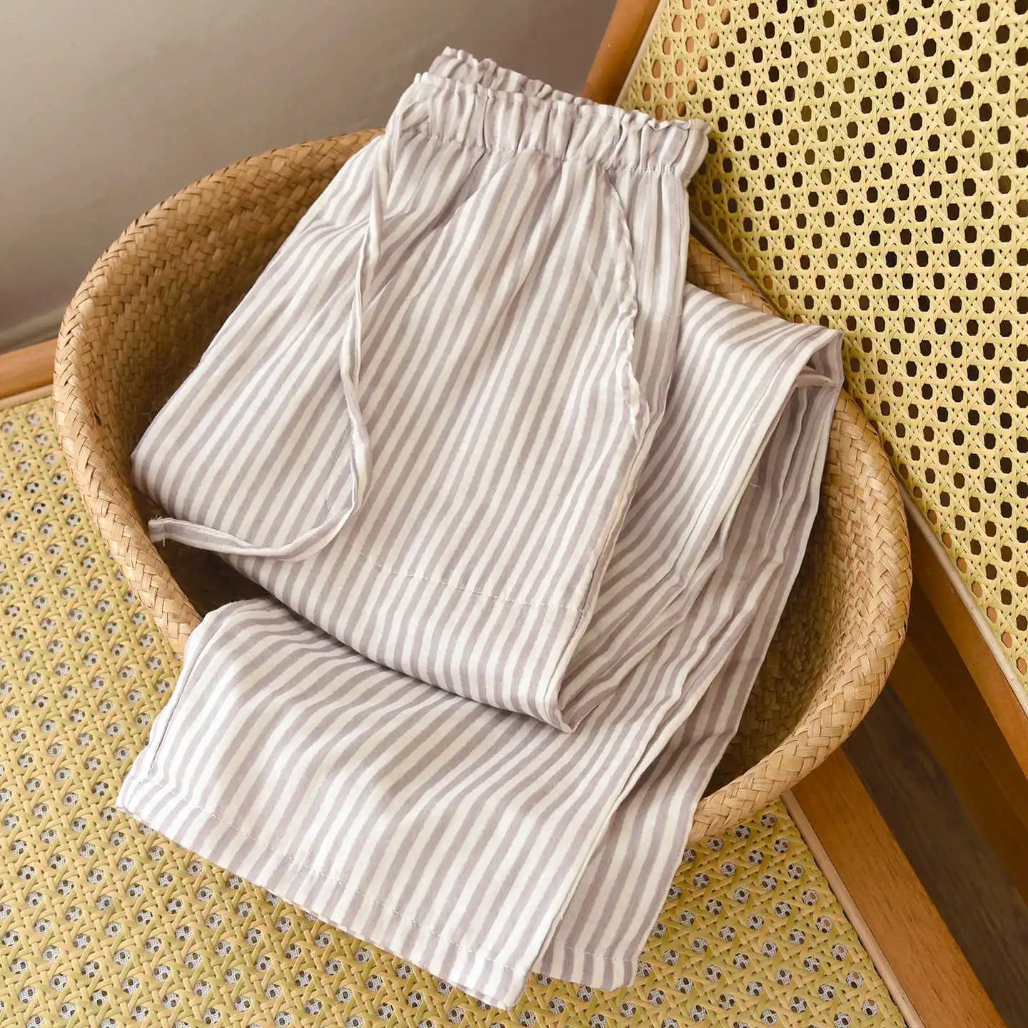 Cotton Gauze Striped Sleep Pants – Loose Lightweight Lounge Trousers